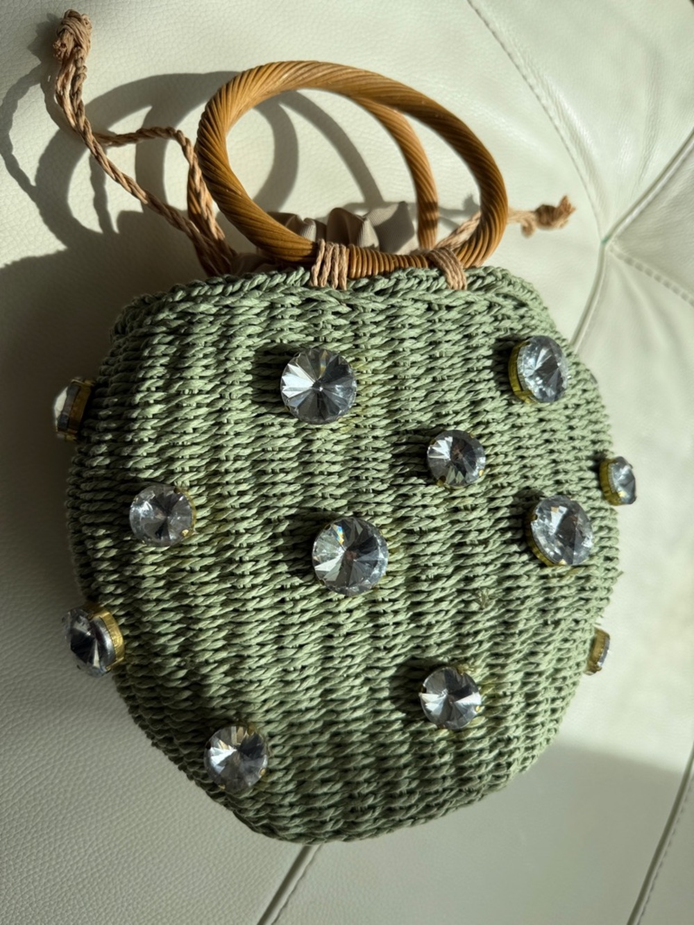 Zara Rhinestone Crystal Embellished Mini Straw Bucket Bag- - Picture 6 of 17
